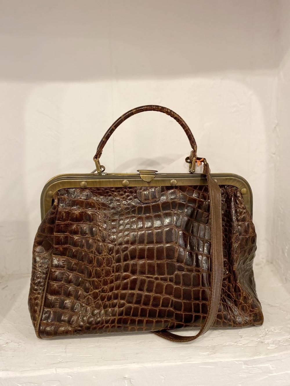 Vintage Dark Brown Croc Doctor Top Handle Bag with Removable Strap Italy